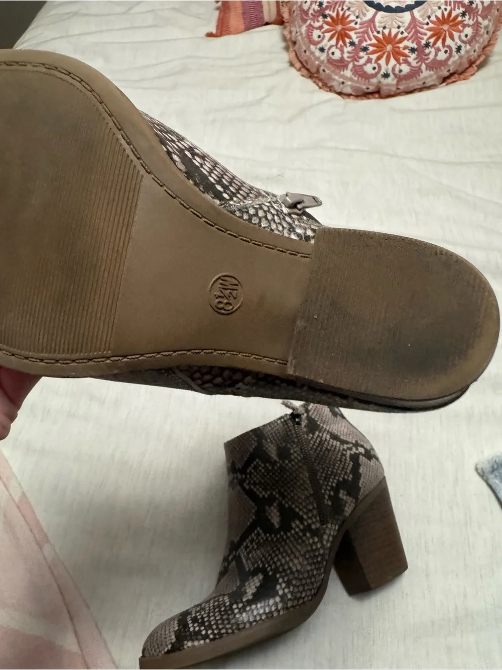 Universal Thread Snake-Print Ankle Boots in Taupe and Black